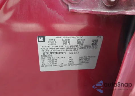 2010 GMC Terrain Slt-1 z USA, uszkodzony, nr VIN 2CTALFEW2A6406676